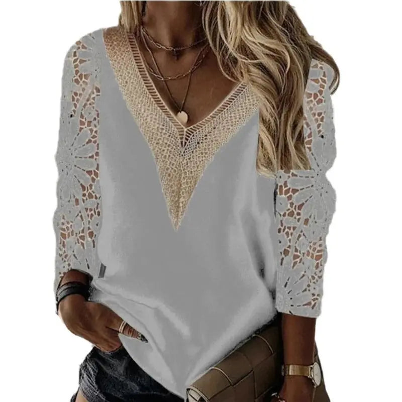 Commuter Nine-quarter Sleeve V-neck Stitching Hollow Lace Chiffon Shirt Pullover Meifu Market