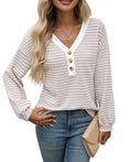 Women's V-neck Buttons Pullover Patchwork Casual Long-sleeved Top Meifu Market