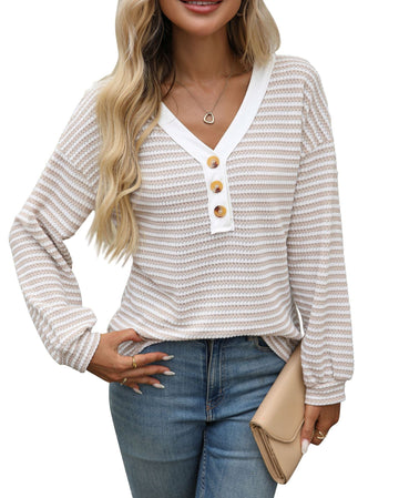 Women's V-neck Buttons Pullover Patchwork Casual Long-sleeved Top Meifu Market