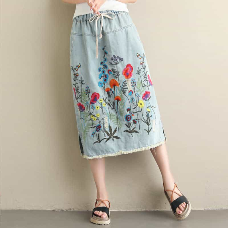 Plus Size Ethnic Style Denim Heavy Embroidery Skirt 