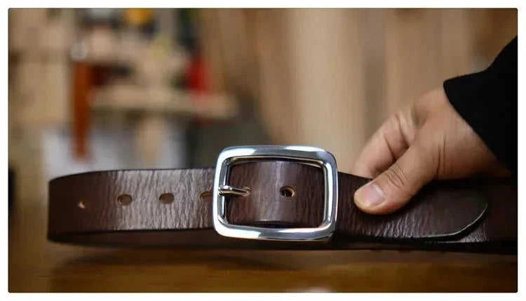 thick steel belt buckle | heavy-duty full-grain leather | brass roller buckle mechanism | ultrasonic cleaning