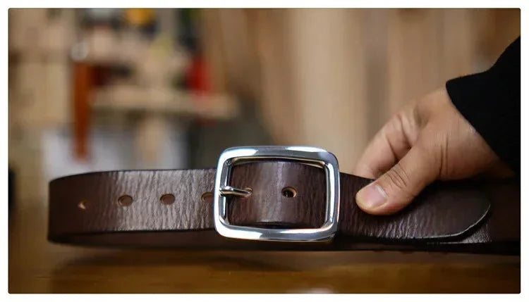 thick steel belt buckle | heavy-duty full-grain leather | brass roller buckle mechanism | ultrasonic cleaning