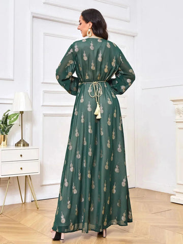 Arabic Vintage Gold Embroidered Black Fake Two Pieces Robe