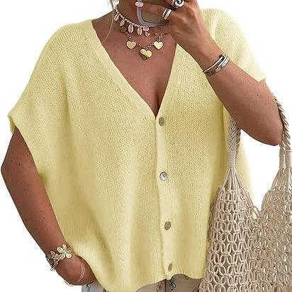 Short Sleeved V-neck Single Breasted Cardigan Sweater Meifu Market