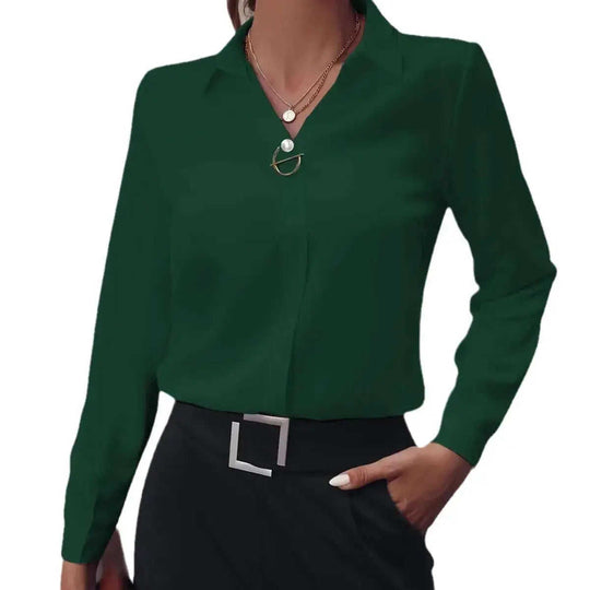 Commuter V-neck Long-sleeved Shirts Ins Fashion Solid Color Pullover Top Autumn And Spring Women's Clothing Meifu Market