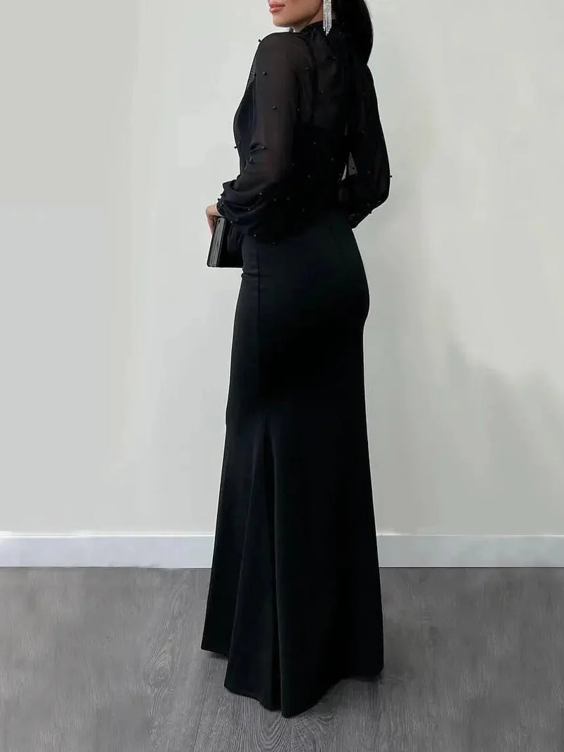 halter neck mesh dress | beaded suspender two-piece set | rhinestone embellished party dress | ultrasonic cleaning