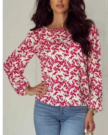 red floral print blouse | long sleeve open back top | chiffon material blouse | ultrasonic cleaning