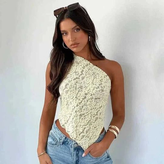 Ins Lace Backless Top Summer Solid Color Waistless Asymmetrical Sloped Neck Vest Streetwear Womens Clothes White - side vi...