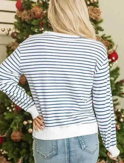 embroidered sweatshirt for women | blue striped sweatshirt | chenille lettering sweatshirt | ultrasonic cleaning