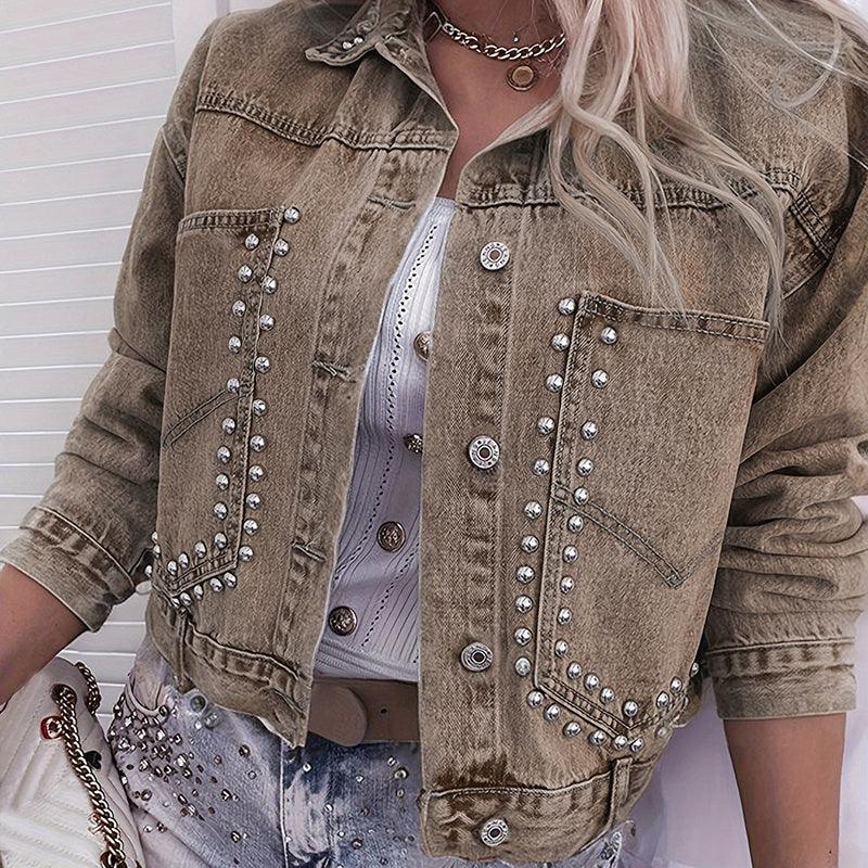 Women's Long Sleeve Rivet Studded Denim Jacket Casual Cropped Short Jean Coat Meifu Market