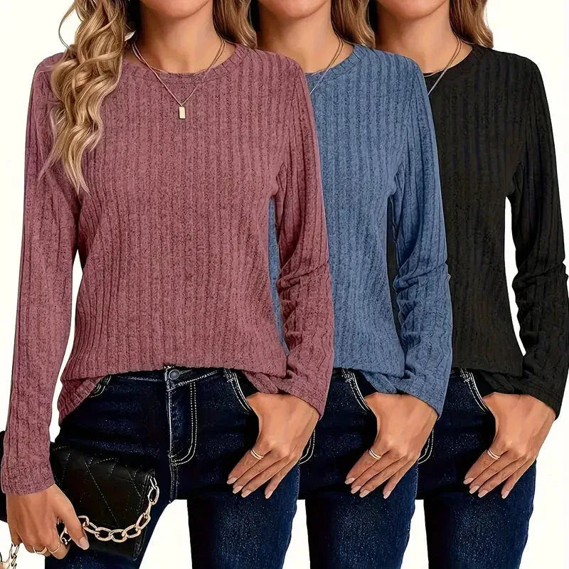 Women's 3 Pack Ribbed Knit Long Sleeve T-Shirt, Slim Fit Crewneck Top, Casual Basic Tee Meifu Market