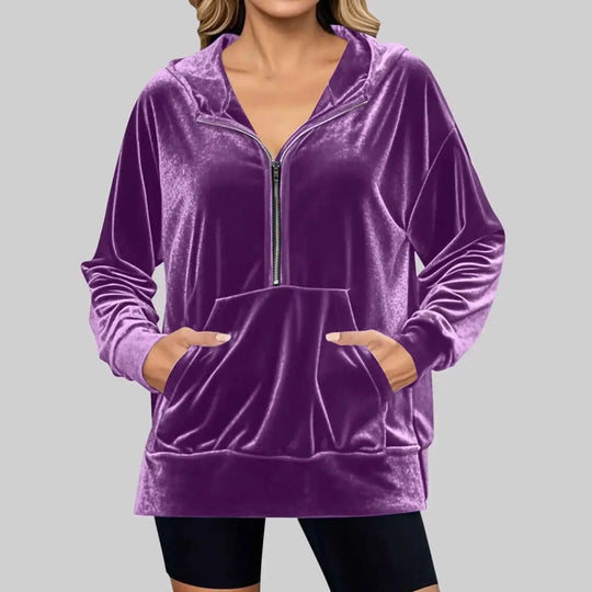 Loose Long Sleeve Zipper Pocket Pleuche Top Women Purple - complete package contents