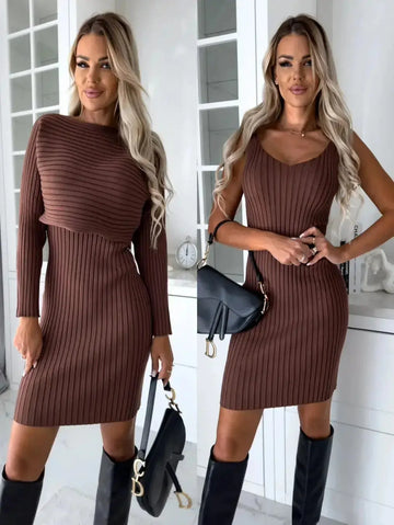 2pcs Suit Women's Solid Stripe Long-sleeved Top And Tight Suspender Skirt Fashion Autumn Winter Slim Clothing Meifu Market