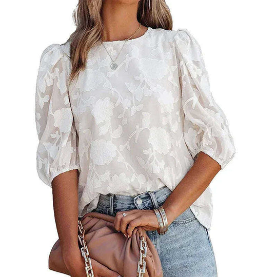 Women's Puff Sleeve Chiffon Loose Top Flower Texture Shirt Meifu Market