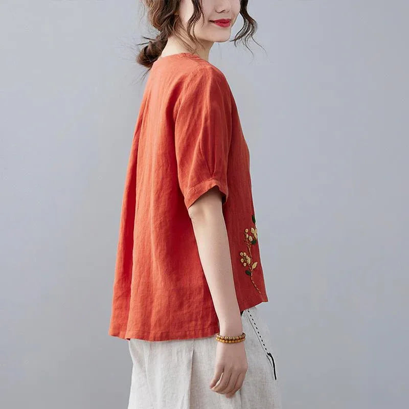 Women's Retro Linen Solid Color Short-sleeved T-shirt Meifu Market