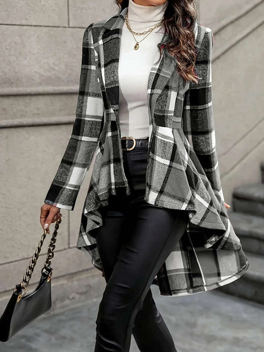 Plaid Pattern Button Front Jacket Long Sleeve High And Low Flared Jacket Meifu Market