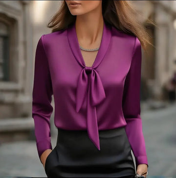 Women's Elegant Satin Blouse, Long Sleeve Button Down Shirt With Ribbon Detail For Office Work Meifu Market