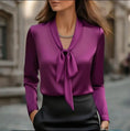Women's Elegant Satin Blouse, Long Sleeve Button Down Shirt With Ribbon Detail For Office Work Meifu Market