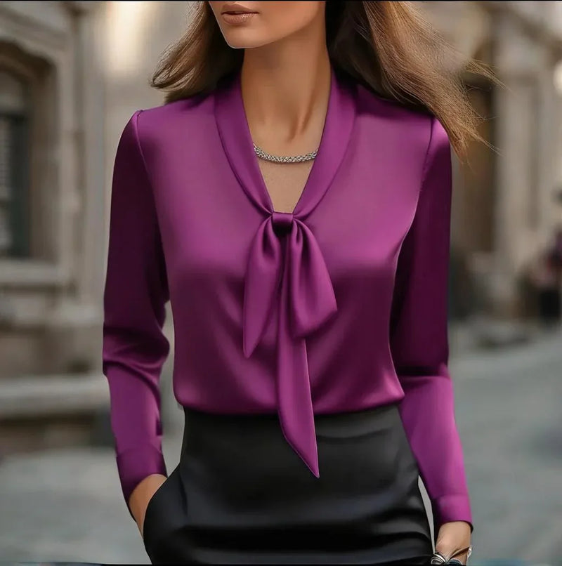Women's Elegant Satin Blouse, Long Sleeve Button Down Shirt With Ribbon Detail For Office Work Meifu Market