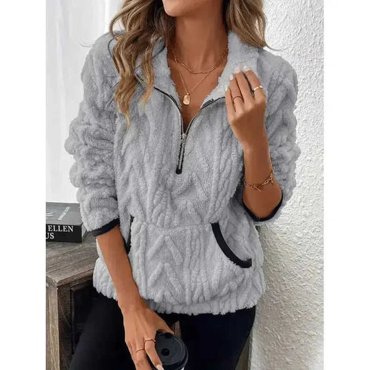 Contrast Color Half-open Collar Plush Women's Sweater Meifu Market