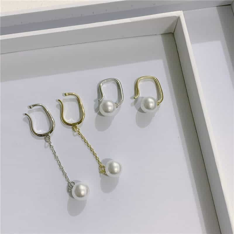 pierced female pearl tassel asymmetric stud earrings 