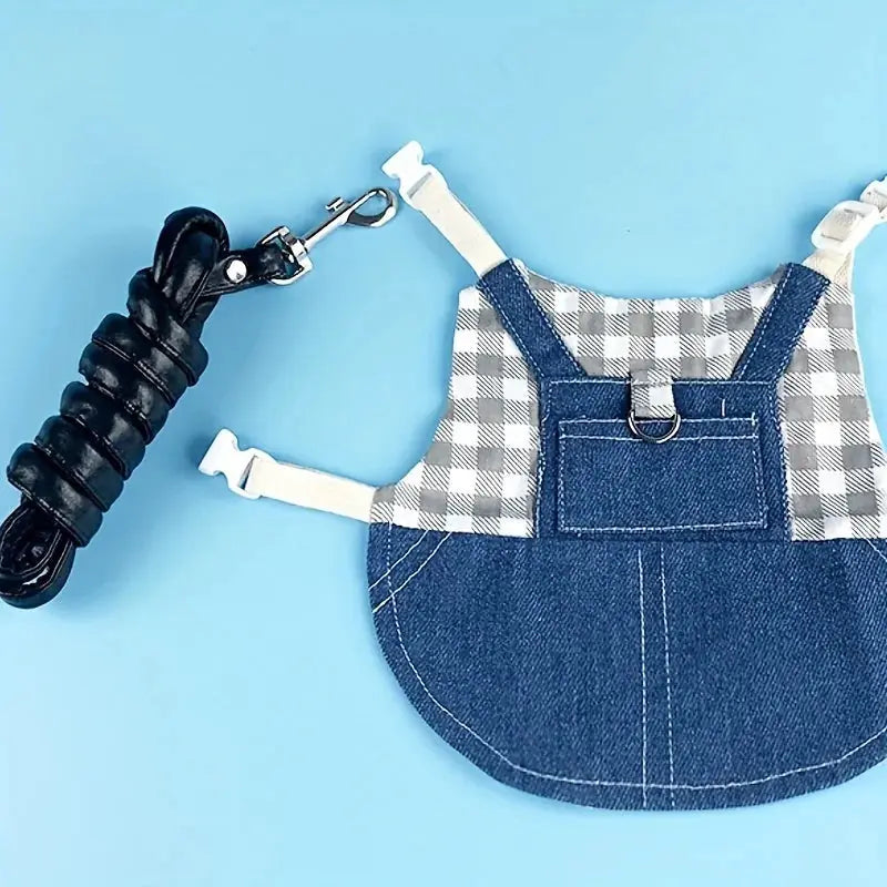 durable canvas rabbit harness | plaid denim pet leash | small animal traction rope | ultrasonic cleaning