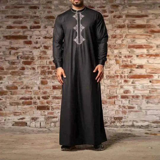 Men's Embroidered Muslim Robe | Long Sleeve Arabic Thobe | Black S - back view