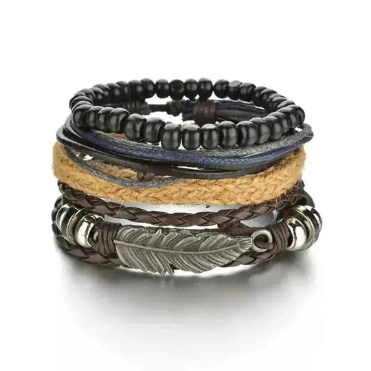 braided leather bracelet for men | vintage charm wood beads | adjustable wrap wristband | ultrasonic cleaning