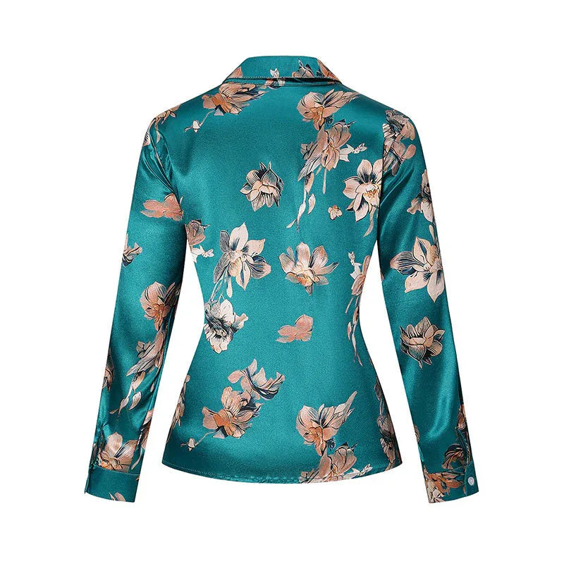 Women's Elegant Satin Lapel Long Sleeve Full Button Shirt Spring Autumn Fashion Tapered Waist Design With Sheen Meifu Market