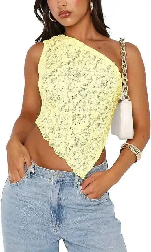 Ins Lace Backless Top Summer Solid Color Waistless Asymmetrical Sloped Neck Vest Streetwear Womens Clothes White - lifesty...