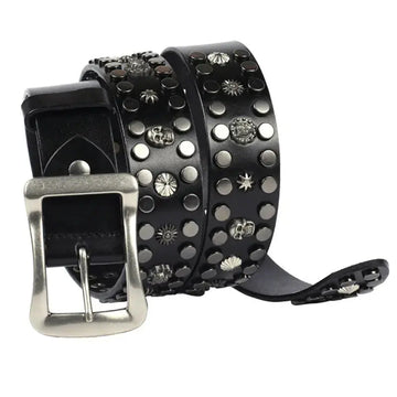 Men's Rivet Punk Genuine Leather Belt Nail Skull Head Japanese Buckle European And American Personalized Belt meifu market