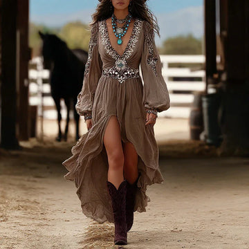 Women's Patchwork V-Neck Dress With Puff Sleeves & Asymmetric Hem, Western Style Flowy Boho Long Dress For Spring Fall Meifu Market