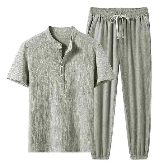 cotton linen blend fabric | short sleeve suit set | breathable summer suit | ultrasonic cleaning
