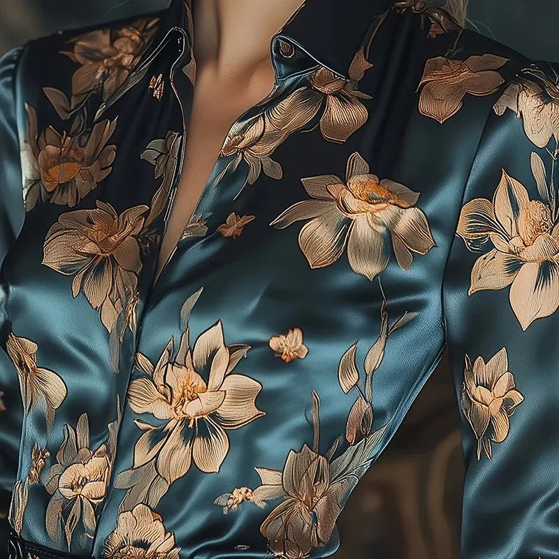 Women's Elegant Satin Lapel Long Sleeve Full Button Shirt Spring Autumn Fashion Tapered Waist Design With Sheen Meifu Market