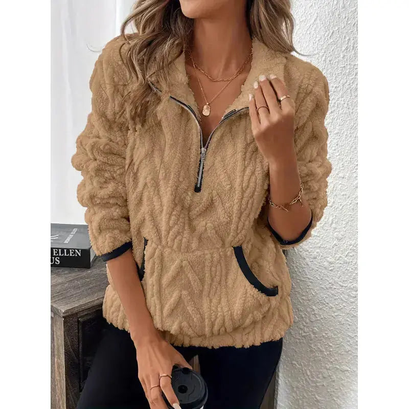 Contrast Color Half-open Collar Plush Women's Sweater Meifu Market