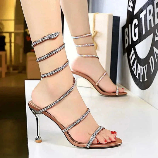 snake-shaped stiletto heels | rhinestone embellished heels | evening party shoes | energy saving