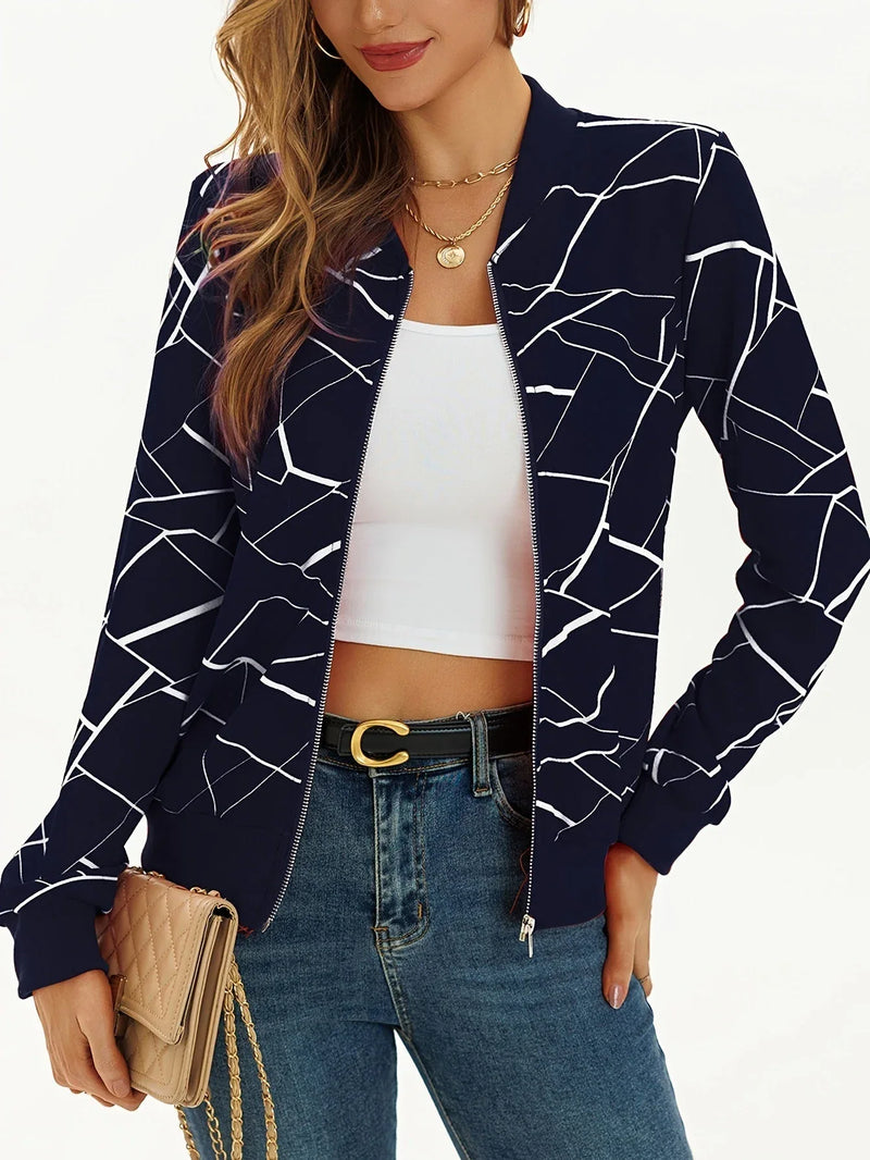 Stylish Long Sleeve Allover Print Zip Up Jacket Elegant Meifu Market