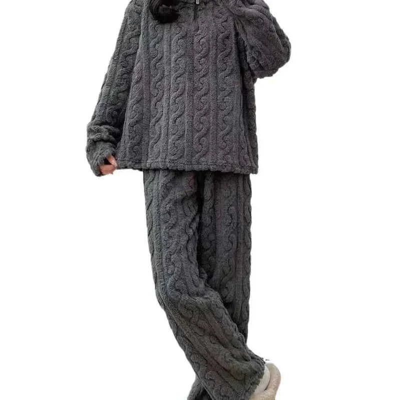fleece-lined pajamas set | thermal couple sleepwear | matching winter homewear | energy saving