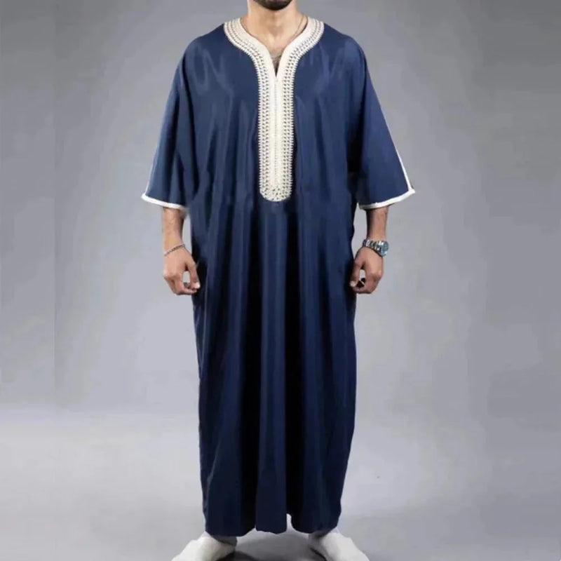 mid-sleeve arabic robe | embroidered navy blue thobe | cotton blend mens robe | ultrasonic cleaning