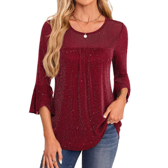 Women's Mesh Patchwork Ruched Flare-Sleeve Top - Meifu Market