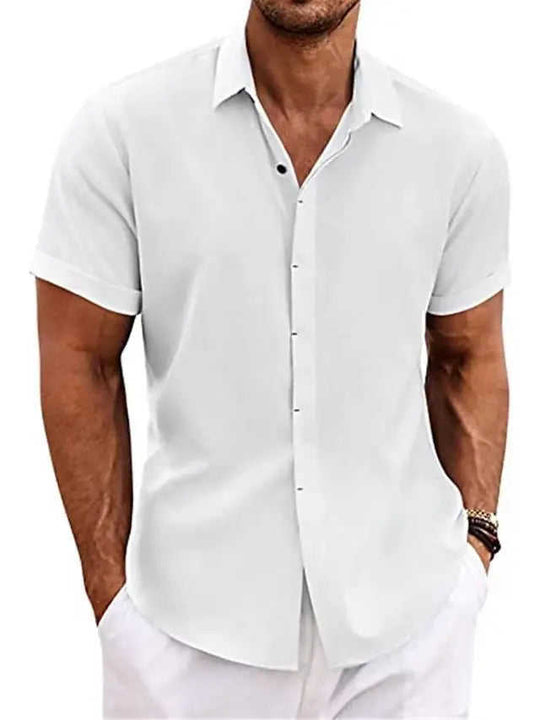 Men's Solid Color Loose Linen Short-sleeved T-shirt White - available style options