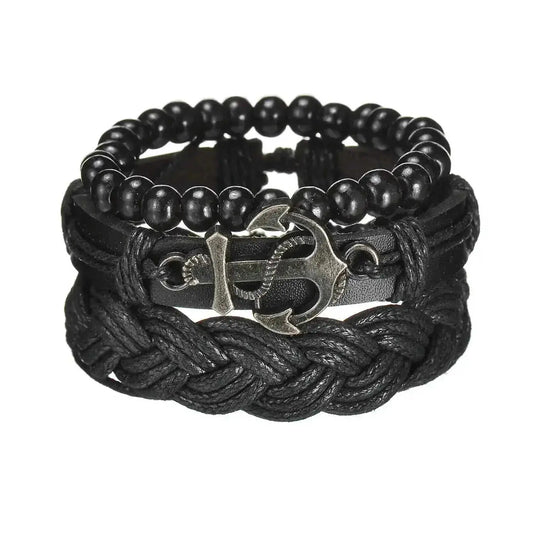 braided leather bracelet for men | vintage charm wood beads | adjustable wrap wristband | ultrasonic cleaning