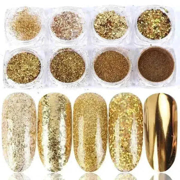 8-Box Mix Glitter Nail Art Powder Flakes Set | Holographic & Chrome Nail Glitter