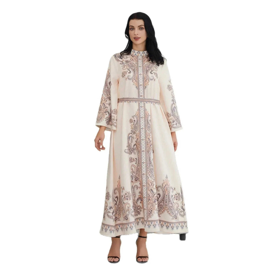 stand collar long dress | retro muslim dress | printing long dress | energy saving