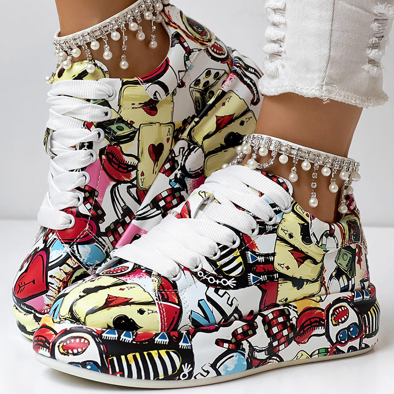 Women's Casual Round Toe Thick Sole Lace-Up Sneakers, Random Print Design, Comfortable Sporty Shoes For Daily Wear Meifu Market
