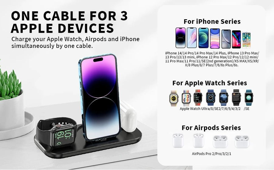 3 in 1 Wireless Charger Pad Stand For iPhone 14 13 12 11 Apple Watch Fast Charging Dock Station for Airpods IWatch Phone Holder - Meifu Market