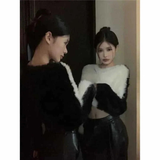mink fur blend sweater | v-neck short sleeve top | soft acrylic knitwear | ultrasonic cleaning