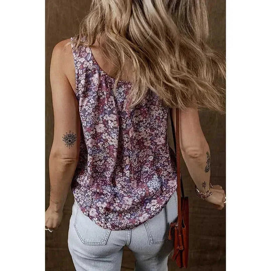 pleated u-neck vest | printed sleeveless top | lightweight breathable fabric | ultrasonic cleaning