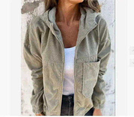 Corduroy Hooded Zip-up Jacket With Pockets Fashion Casual Drawstring Tops Outerwear Women's Clothing Meifu Market