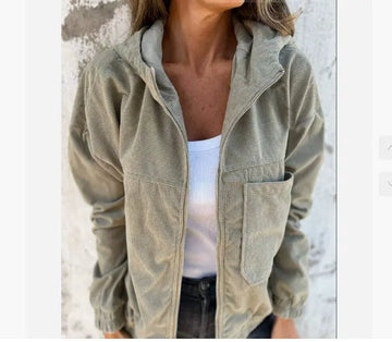 Corduroy Hooded Zip-up Jacket With Pockets Fashion Casual Drawstring Tops Outerwear Women's Clothing Meifu Market